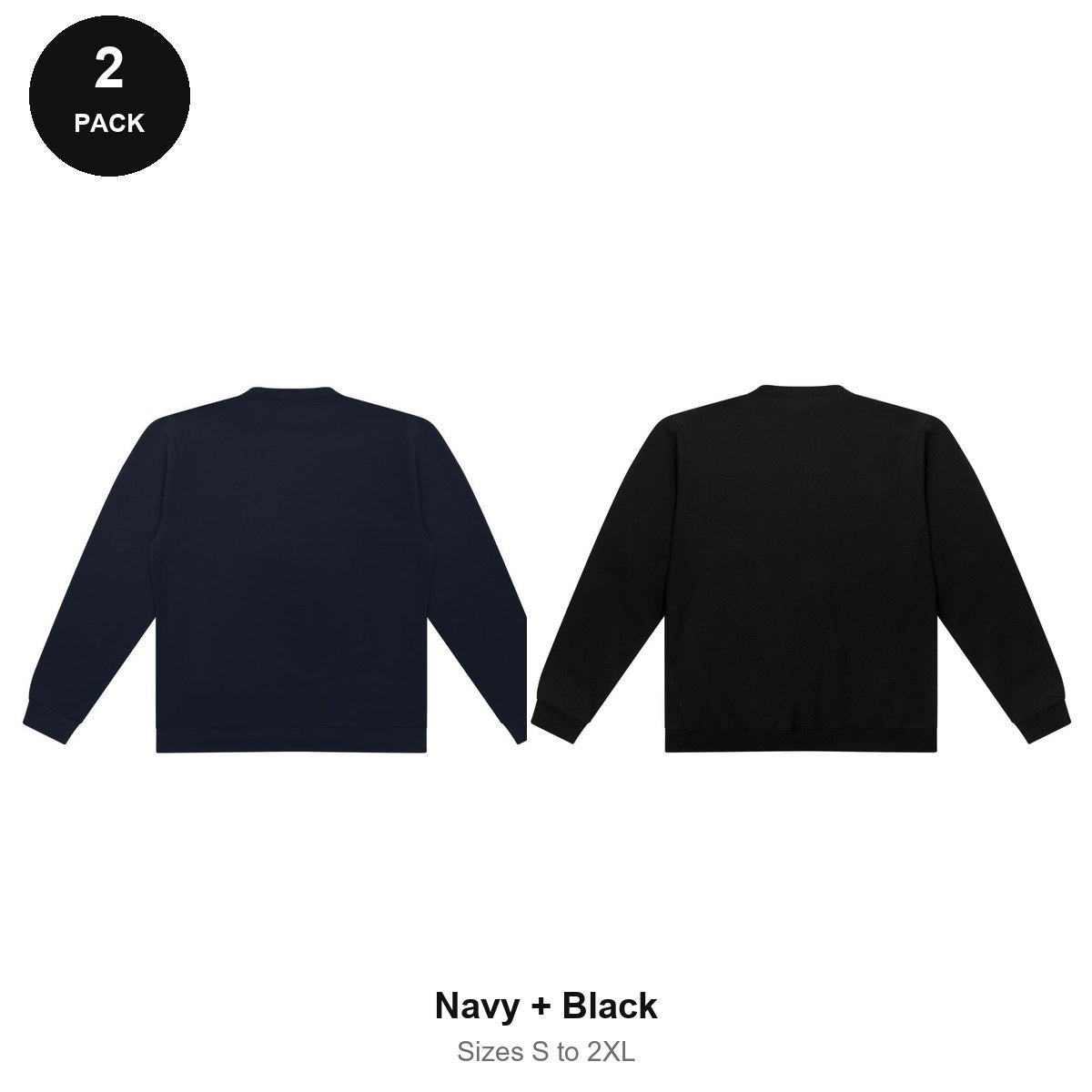 Sweatshirts 2 Pack - 80% cotton / 20% polyester brushed-back fleece 280gsm, Sizes S-2XL - Navy + Black
