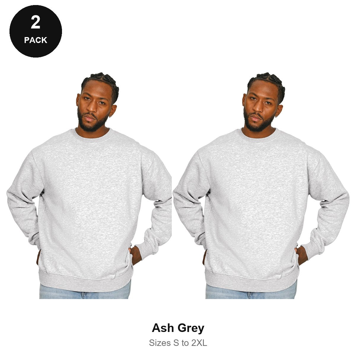 Oversized Sweatshirts 2 Pack - 80% cotton / 20% polyester brushed-back fleece 280gsm, Sizes S-2XL - Ash Grey
