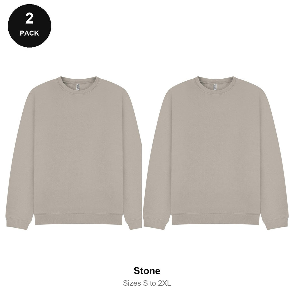 Oversized Sweatshirts 2 Pack - 80% cotton / 20% polyester brushed-back fleece 280gsm, Sizes S-2XL - Stone