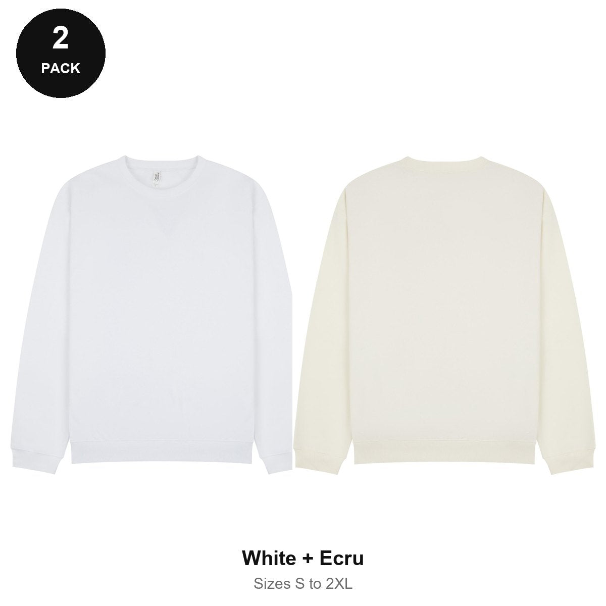 Oversized Sweatshirts 2 Pack - 80% cotton / 20% polyester brushed-back fleece 280gsm, Sizes S-2XL - White + Ecru