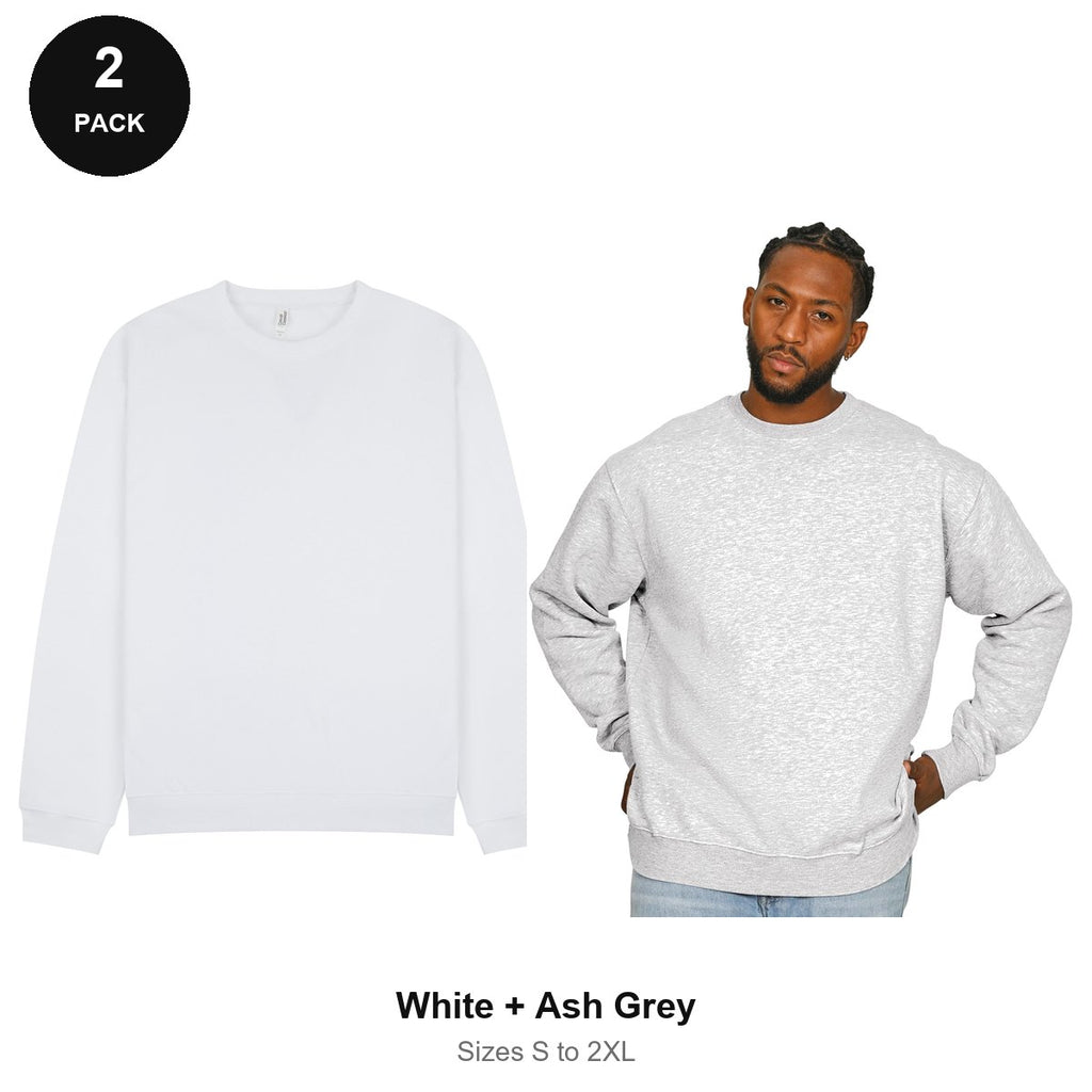 Oversized Sweatshirts 2 Pack - 80% cotton / 20% polyester brushed-back fleece 280gsm, Sizes S-2XL - White + Ash Grey