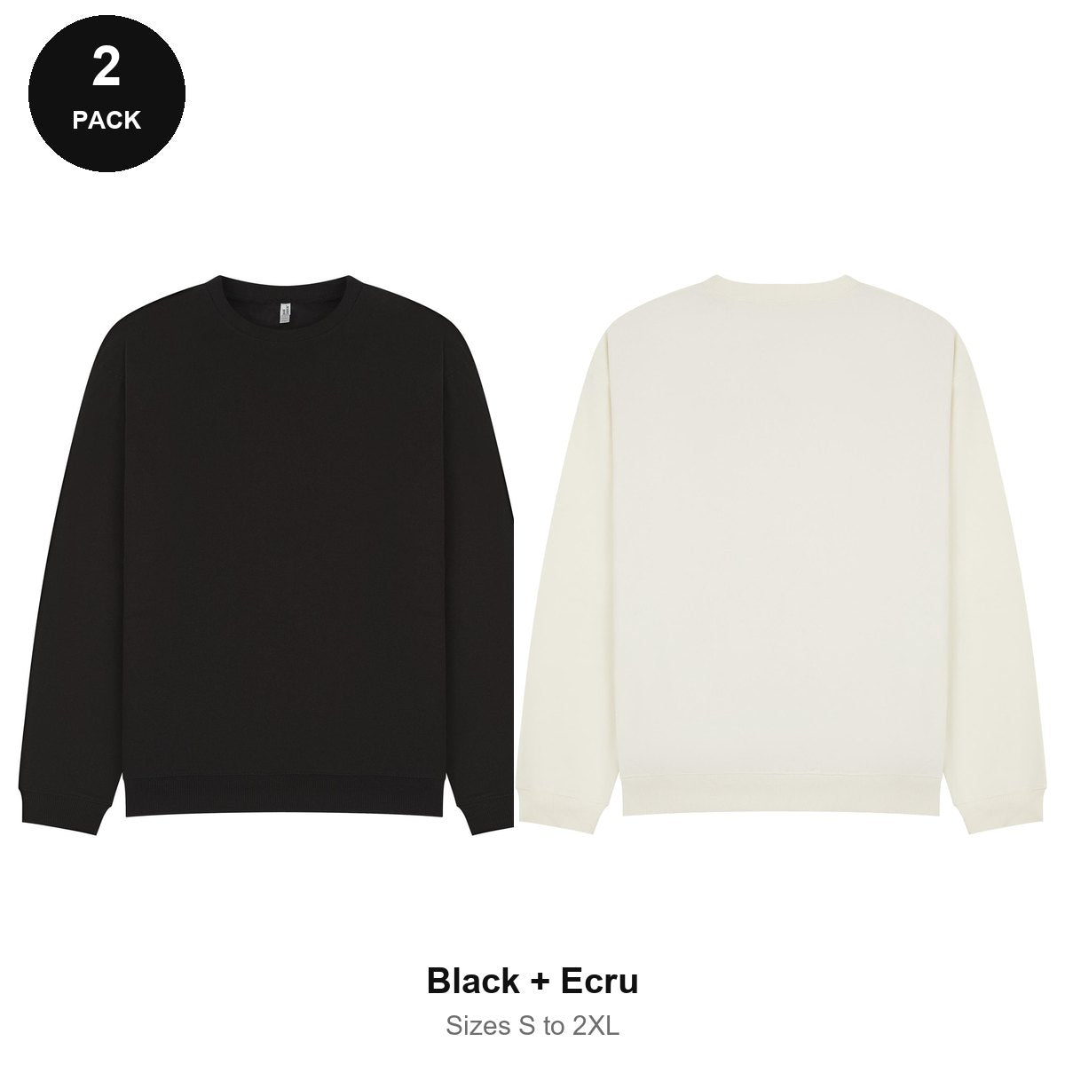 Oversized Sweatshirts 2 Pack - 80% cotton / 20% polyester brushed-back fleece 280gsm, Sizes S-2XL - Black + Ecru