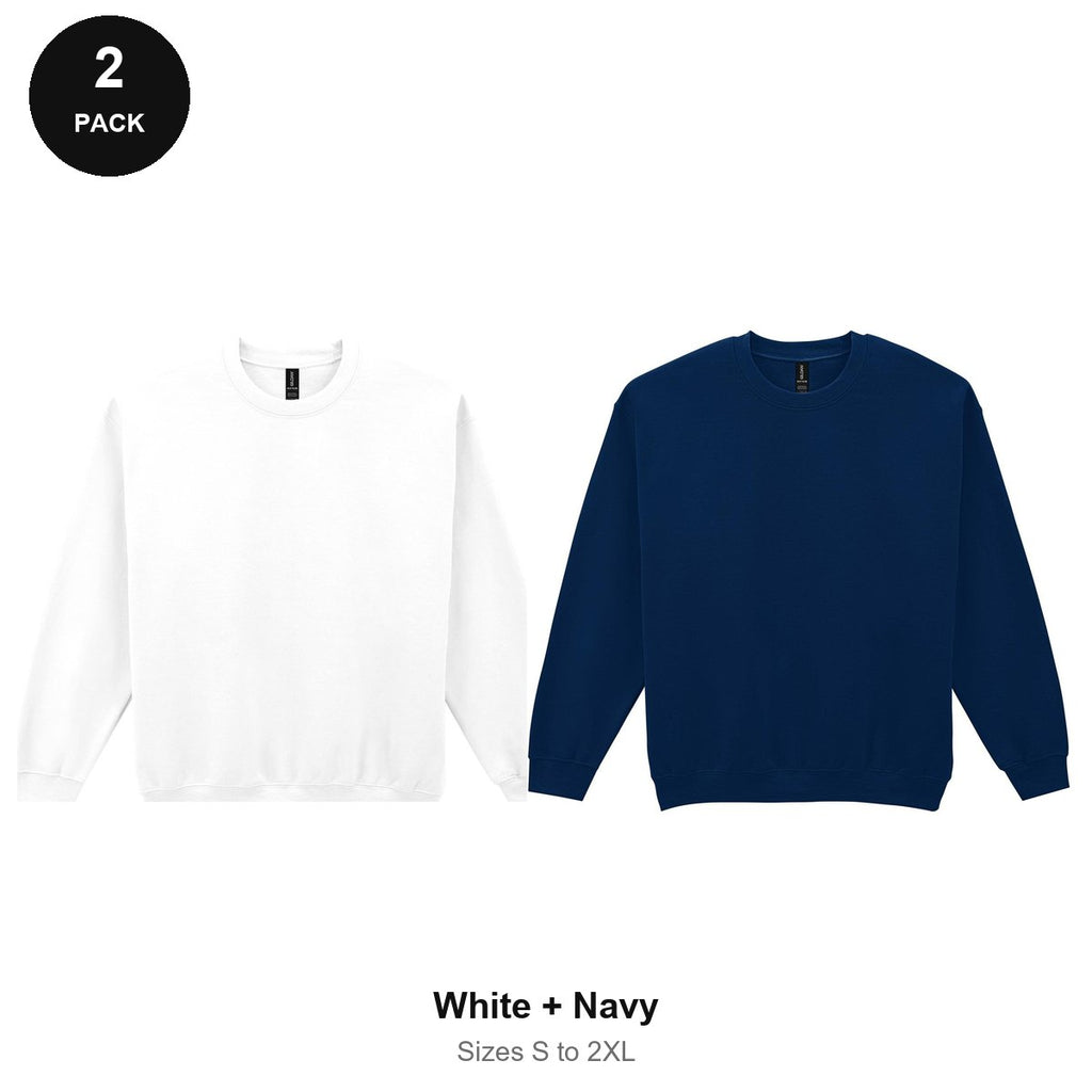 Gildan Heavy Blend Sweatshirts 2 Pack - 50% cotton / 50% polyester 280gsm, Sizes S-2XL - White + Navy