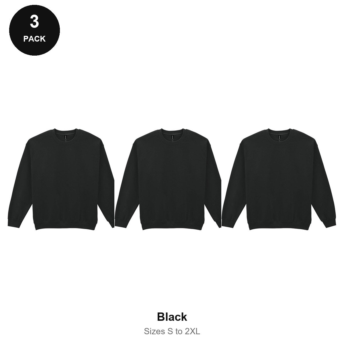 Gildan Heavy Blend Sweatshirts 3 Pack - 50% cotton / 50% polyester 280gsm, Sizes S-2XL - Black