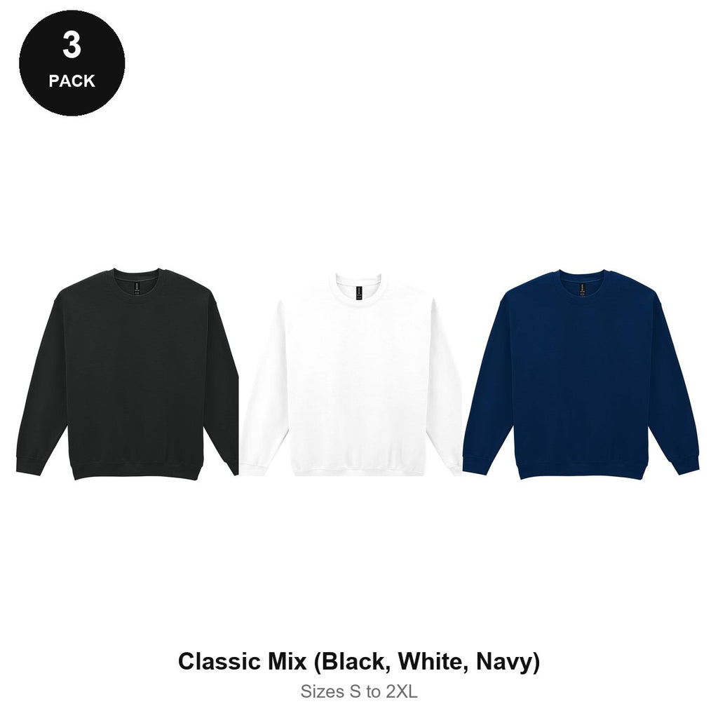 Gildan Heavy Blend Sweatshirts 3 Pack - 50% cotton / 50% polyester 280gsm, Sizes S-2XL - Classic Mix (Black, White, Navy)