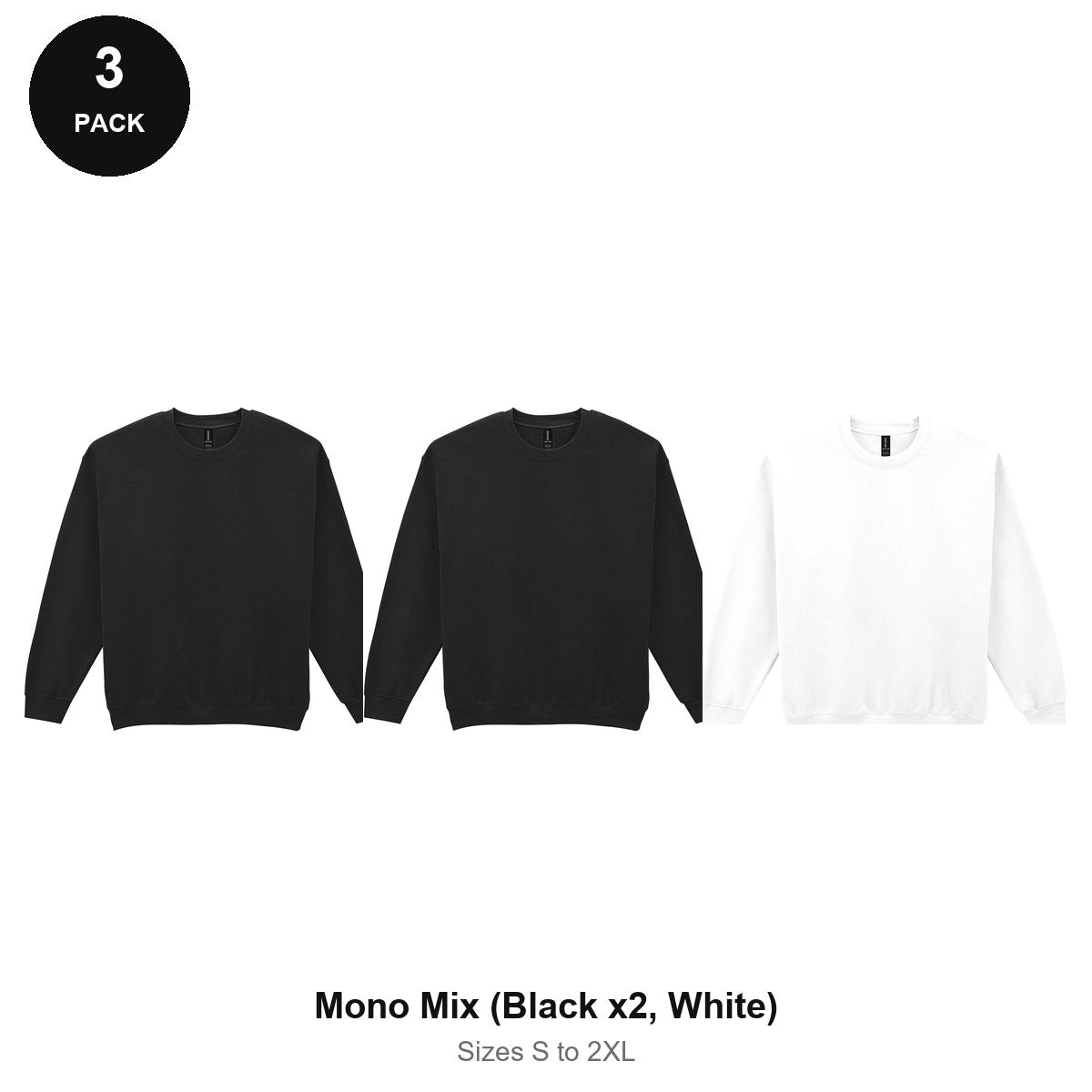 Gildan Heavy Blend Sweatshirts 3 Pack - 50% cotton / 50% polyester 280gsm, Sizes S-2XL - Mono Mix (Black x2, White)