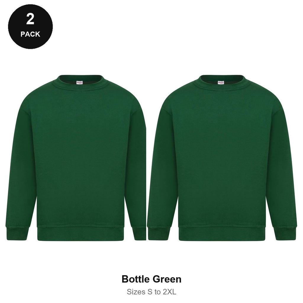 Sweatshirts 2 Pack - Cotton-rich brushed fleece 300gsm, Sizes S-2XL - Bottle Green