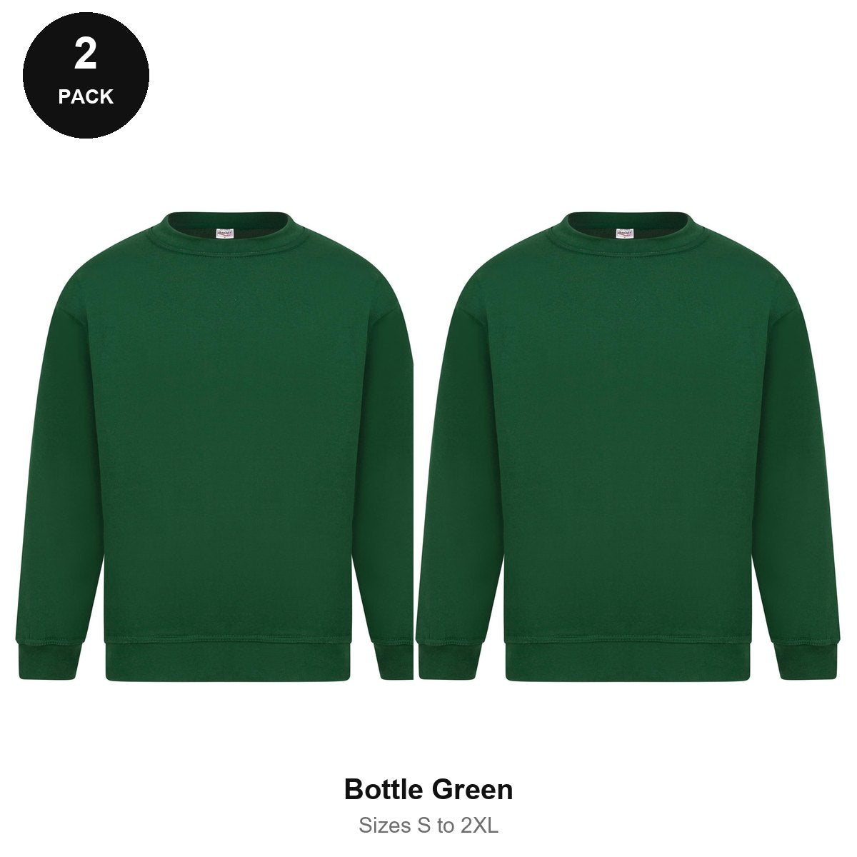 Sweatshirts 2 Pack - Cotton-rich brushed fleece 300gsm, Sizes S-2XL - Bottle Green