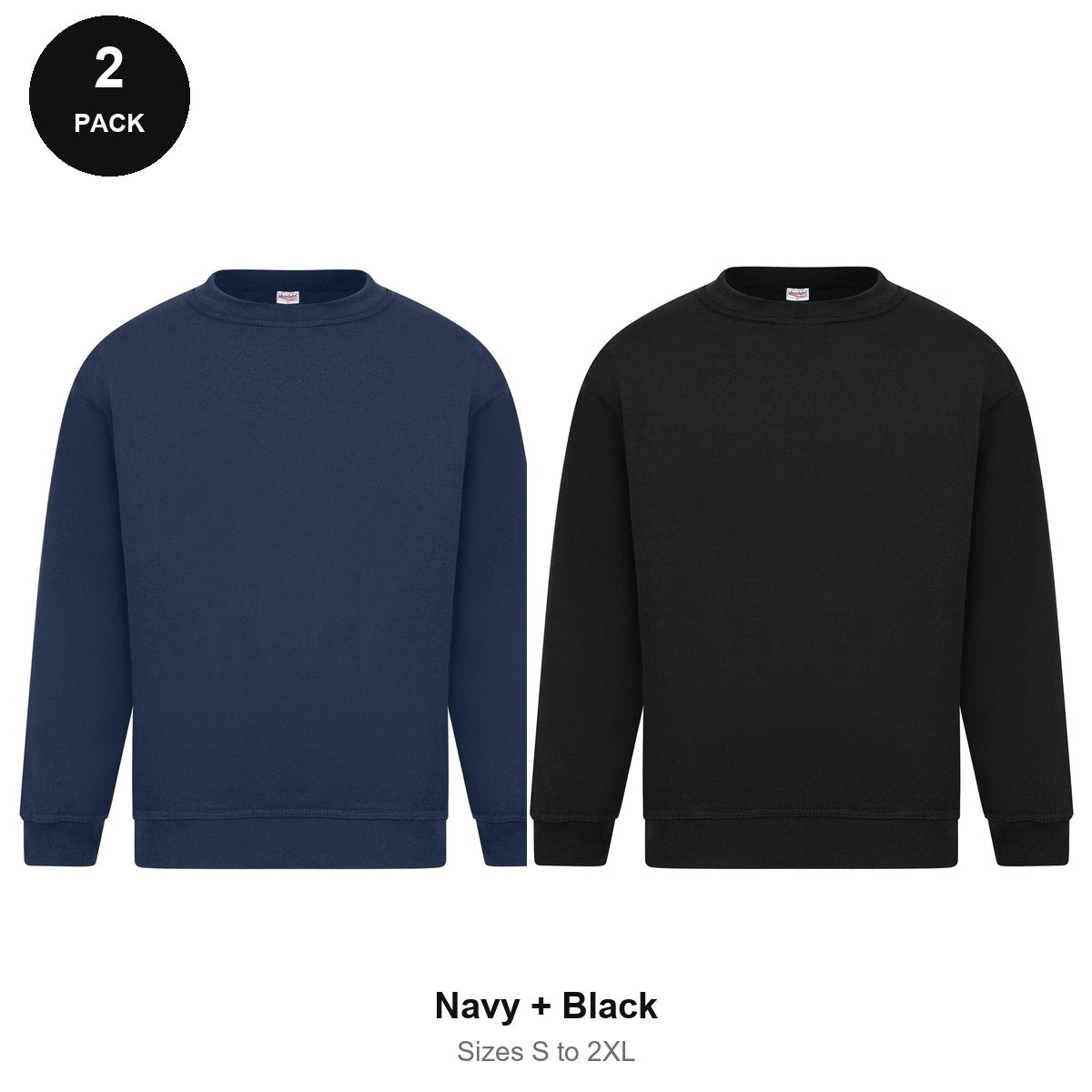 Sweatshirts 2 Pack - Cotton-rich brushed fleece 300gsm, Sizes S-2XL - Navy + Black