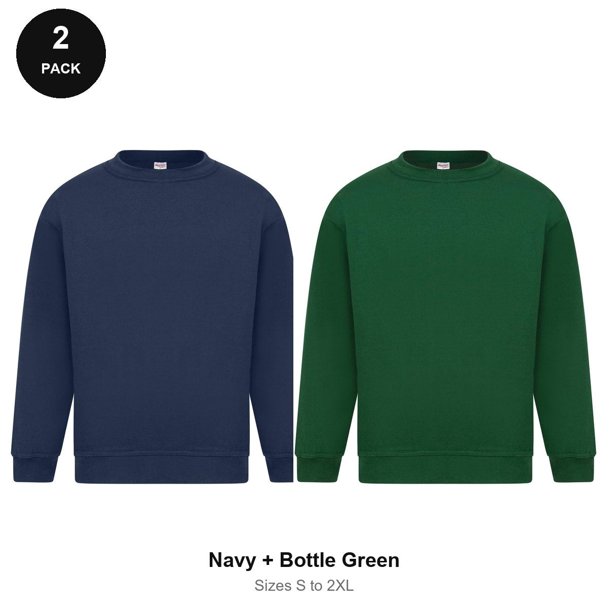 Sweatshirts 2 Pack - Cotton-rich brushed fleece 300gsm, Sizes S-2XL - Navy + Bottle Green