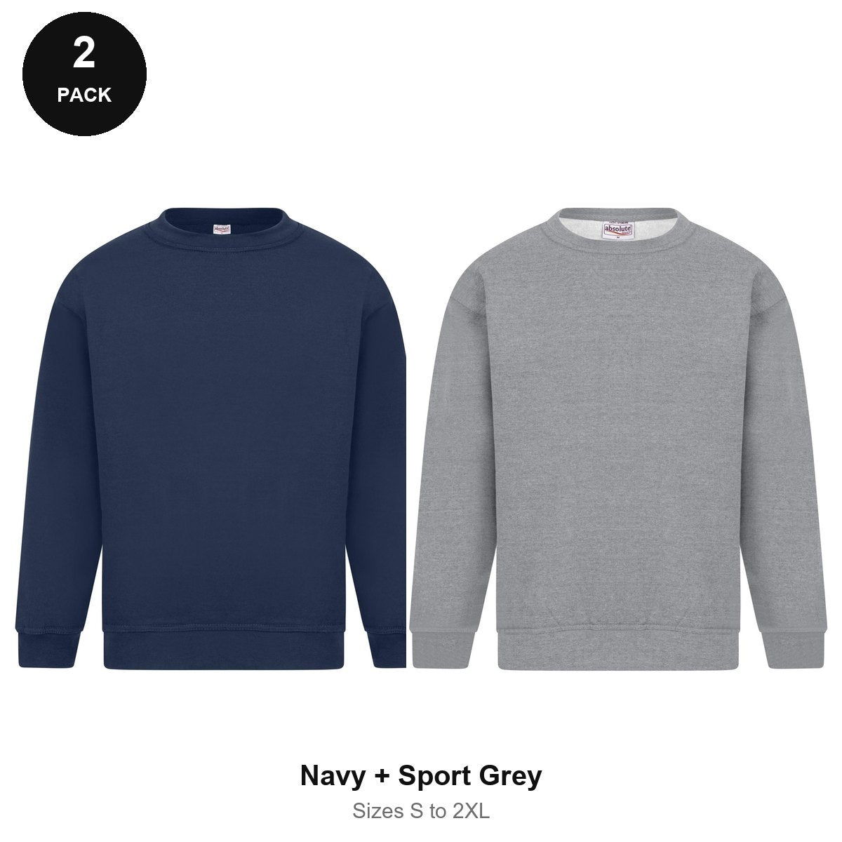 Sweatshirts 2 Pack - Cotton-rich brushed fleece 300gsm, Sizes S-2XL - Navy + Sport Grey