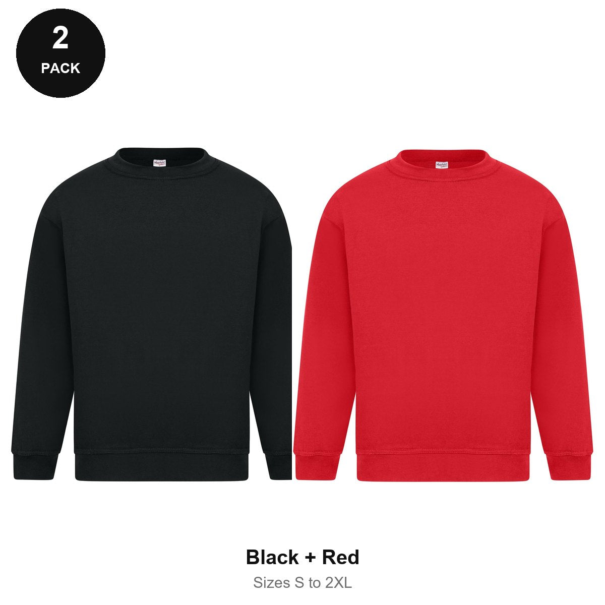 Sweatshirts 2 Pack - Cotton-rich brushed fleece 300gsm, Sizes S-2XL - Black + Red
