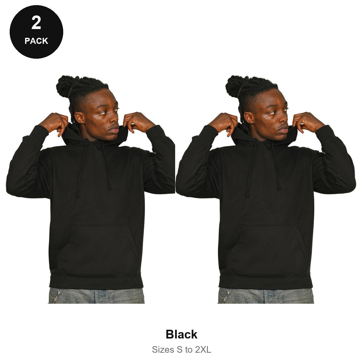 Mens Hoodies 2 Pack - 80% cotton / 20% polyester brushed-back fleece 280gsm, Sizes S-2XL - Black