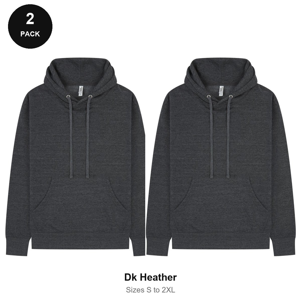 Mens Hoodies 2 Pack - 80% cotton / 20% polyester brushed-back fleece 280gsm, Sizes S-2XL - Dk Heather