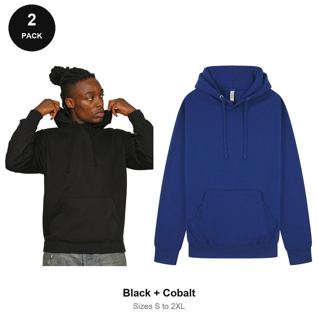 Mens Hoodies 2 Pack - 80% cotton / 20% polyester brushed-back fleece 280gsm, Sizes S-2XL - Black + Cobalt