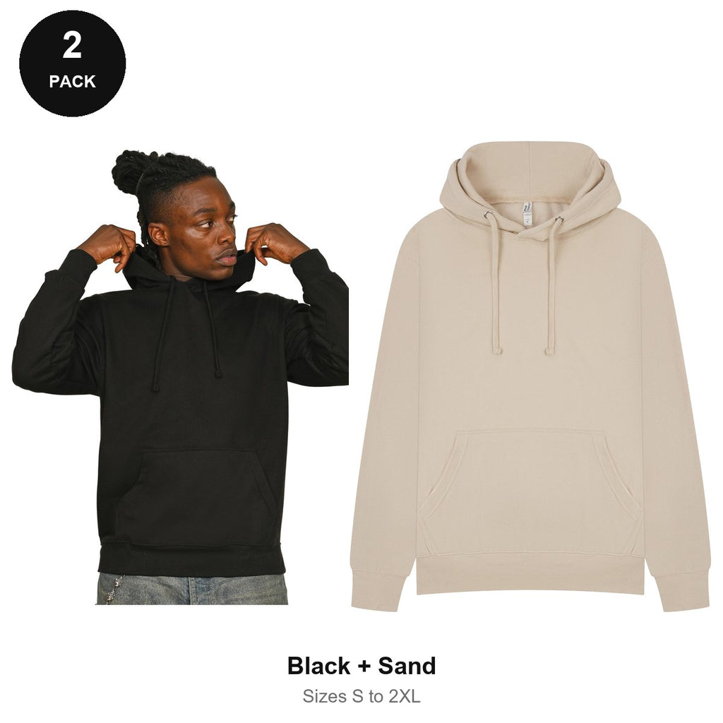 Mens Hoodies 2 Pack - 80% cotton / 20% polyester brushed-back fleece 280gsm, Sizes S-2XL - Black + Sand