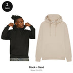 Mens Hoodies 2 Pack - 80% cotton / 20% polyester brushed-back fleece 280gsm, Sizes S-2XL - Black + Sand