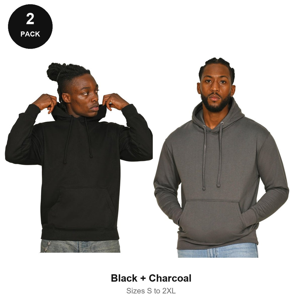 Mens Hoodies 2 Pack - 80% cotton / 20% polyester brushed-back fleece 280gsm, Sizes S-2XL - Black + Charcoal