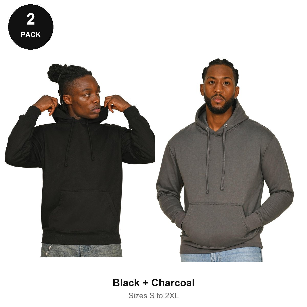 Mens Hoodies 2 Pack - 80% cotton / 20% polyester brushed-back fleece 280gsm, Sizes S-2XL - Black + Charcoal