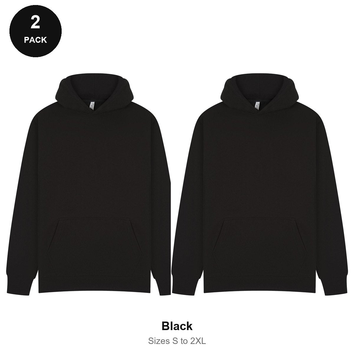 Hoodies 2 Pack - 80% cotton / 20% polyester brushed-back fleece 280gsm, Sizes S-2XL - Black