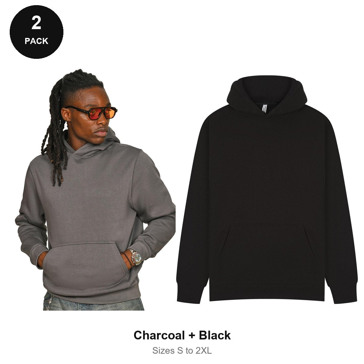 Hoodies 2 Pack - 80% cotton / 20% polyester brushed-back fleece 280gsm, Sizes S-2XL - Charcoal + Black