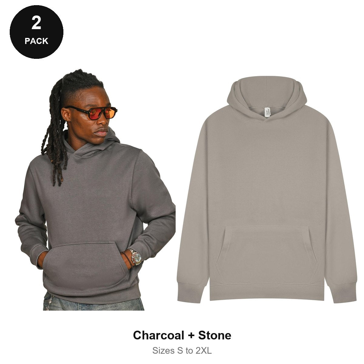 Hoodies 2 Pack - 80% cotton / 20% polyester brushed-back fleece 280gsm, Sizes S-2XL - Charcoal + Stone