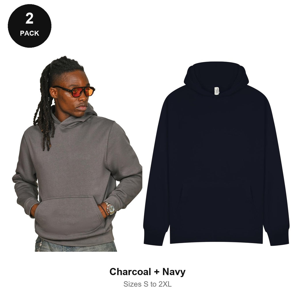 Hoodies 2 Pack - 80% cotton / 20% polyester brushed-back fleece 280gsm, Sizes S-2XL - Charcoal + Navy