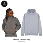 Hoodies 2 Pack - 80% cotton / 20% polyester brushed-back fleece 280gsm, Sizes S-2XL - Charcoal + Heather Grey