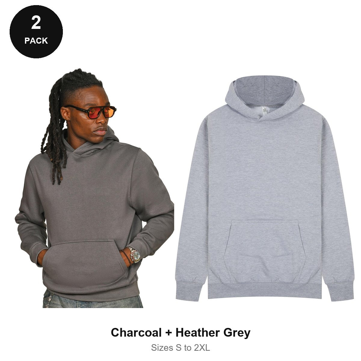 Hoodies 2 Pack - 80% cotton / 20% polyester brushed-back fleece 280gsm, Sizes S-2XL - Charcoal + Heather Grey