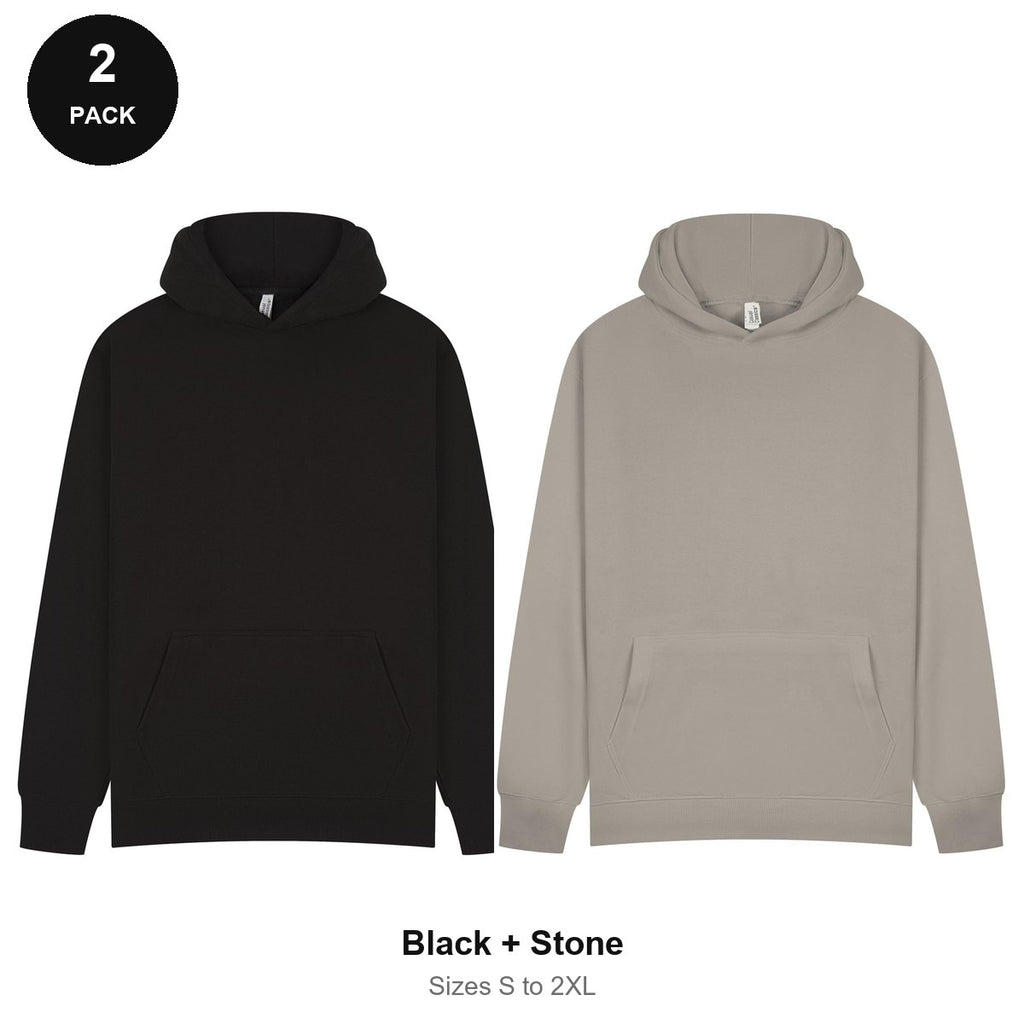 Hoodies 2 Pack - 80% cotton / 20% polyester brushed-back fleece 280gsm, Sizes S-2XL - Black + Stone