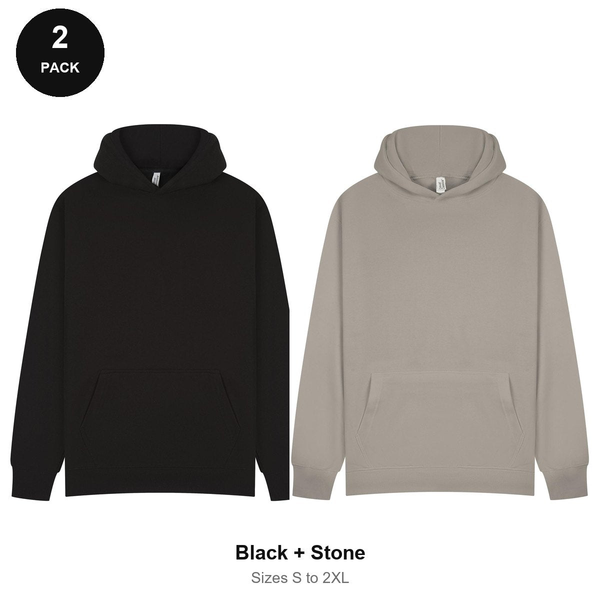 Hoodies 2 Pack - 80% cotton / 20% polyester brushed-back fleece 280gsm, Sizes S-2XL - Black + Stone