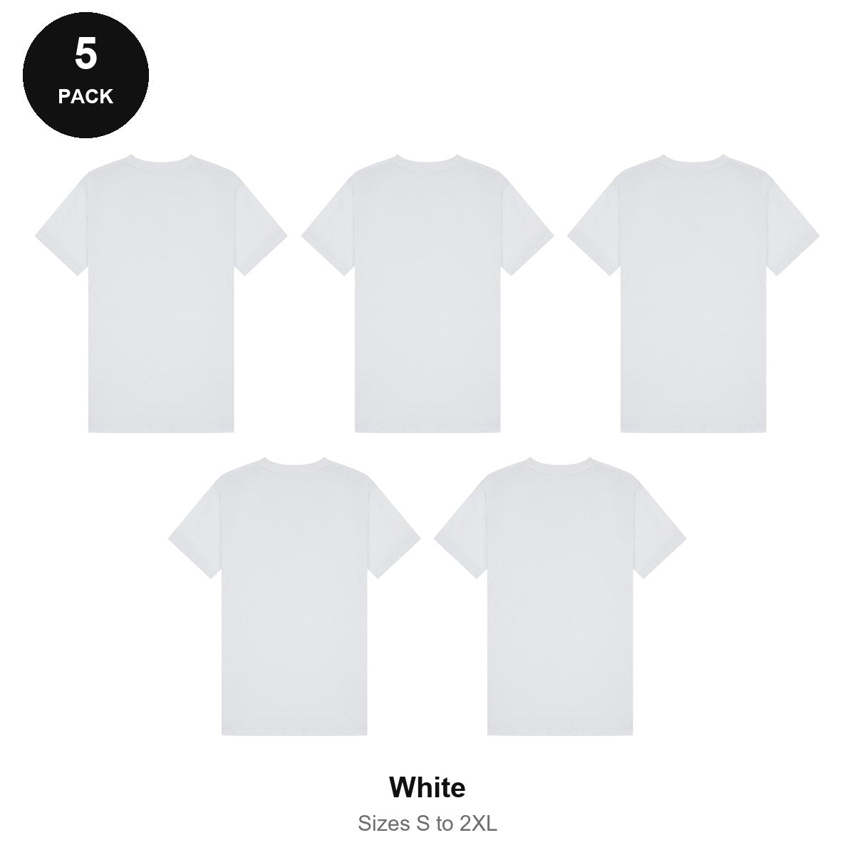 Mens White T-Shirts 5 Pack - 100% ringspun cotton 150gsm, Sizes S-2XL - White