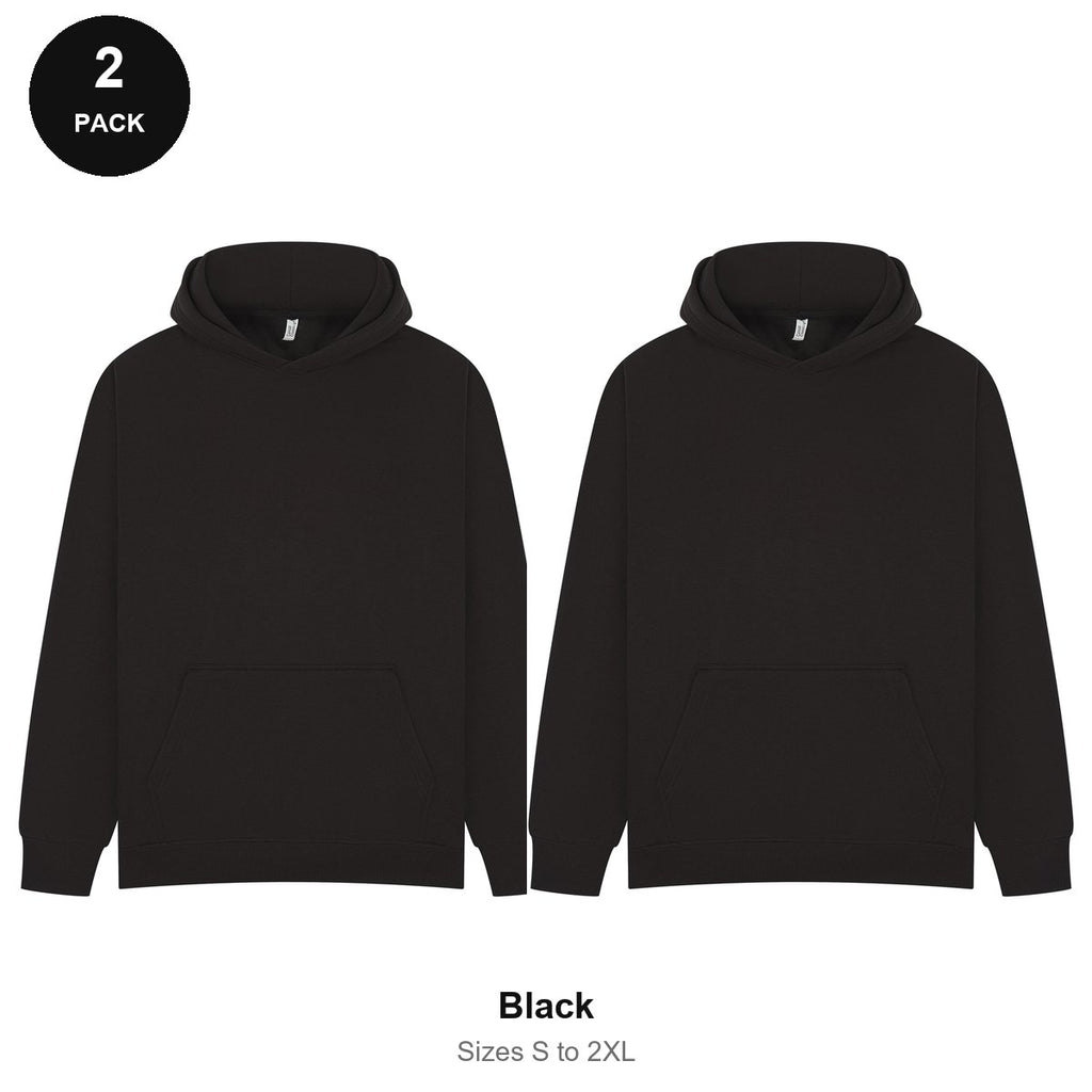 Oversized Hoodies 2 Pack - 80% cotton / 20% polyester brushed-back fleece 280gsm, Sizes S-2XL - Black