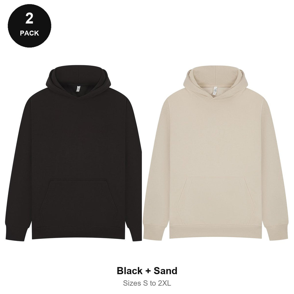 Oversized Hoodies 2 Pack - 80% cotton / 20% polyester brushed-back fleece 280gsm, Sizes S-2XL - Black + Sand