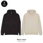 Oversized Hoodies 2 Pack - 80% cotton / 20% polyester brushed-back fleece 280gsm, Sizes S-2XL - Black + Sand