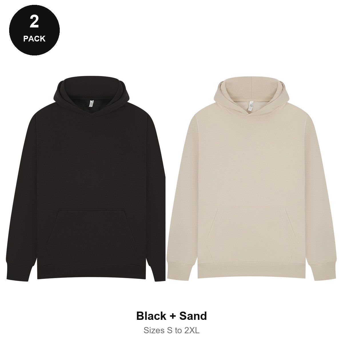 Oversized Hoodies 2 Pack - 80% cotton / 20% polyester brushed-back fleece 280gsm, Sizes S-2XL - Black + Sand