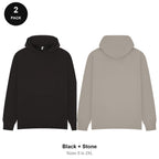 Oversized Hoodies 2 Pack - 80% cotton / 20% polyester brushed-back fleece 280gsm, Sizes S-2XL - Black + Stone