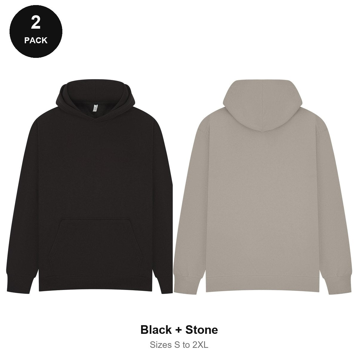 Oversized Hoodies 2 Pack - 80% cotton / 20% polyester brushed-back fleece 280gsm, Sizes S-2XL - Black + Stone