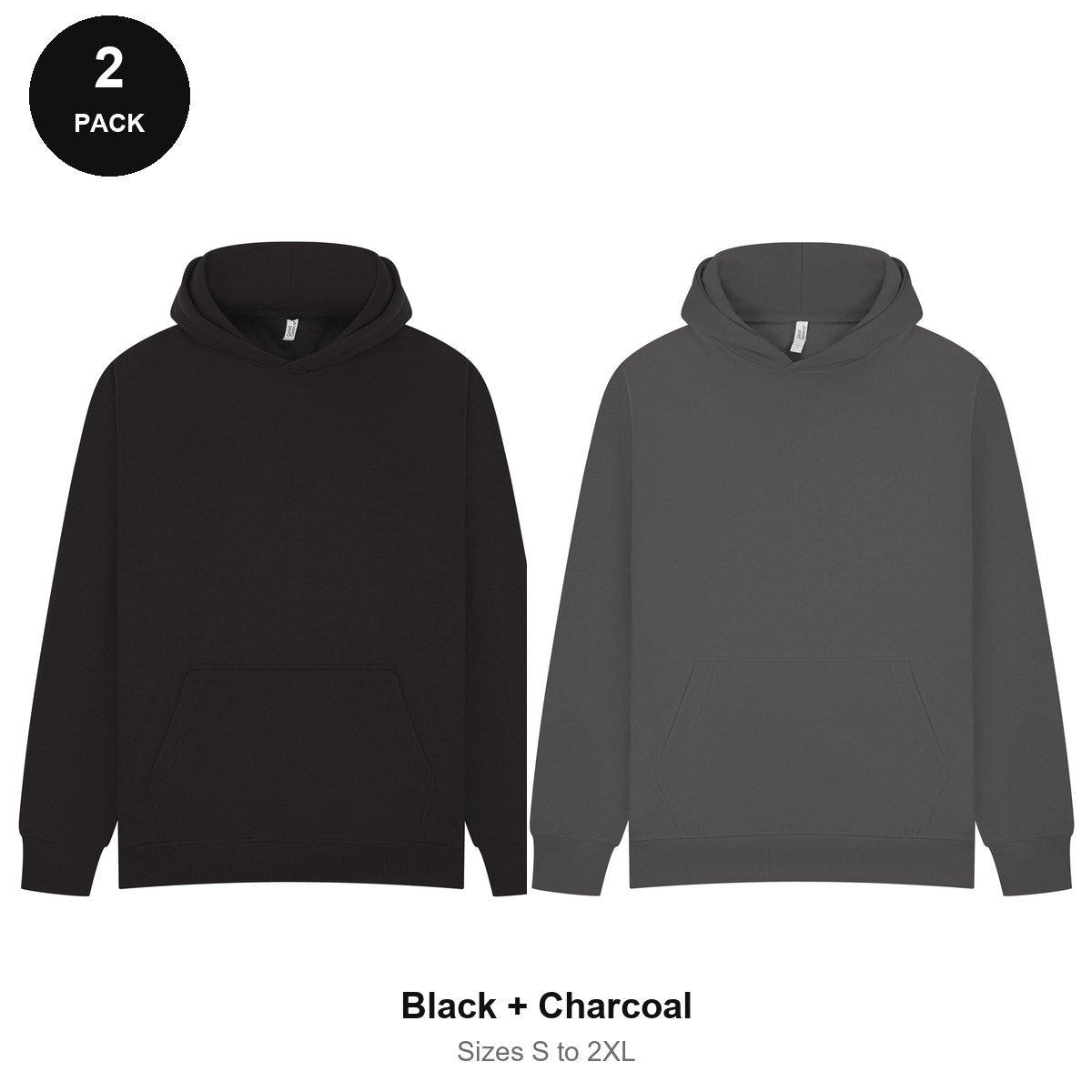 Oversized Hoodies 2 Pack - 80% cotton / 20% polyester brushed-back fleece 280gsm, Sizes S-2XL - Black + Charcoal
