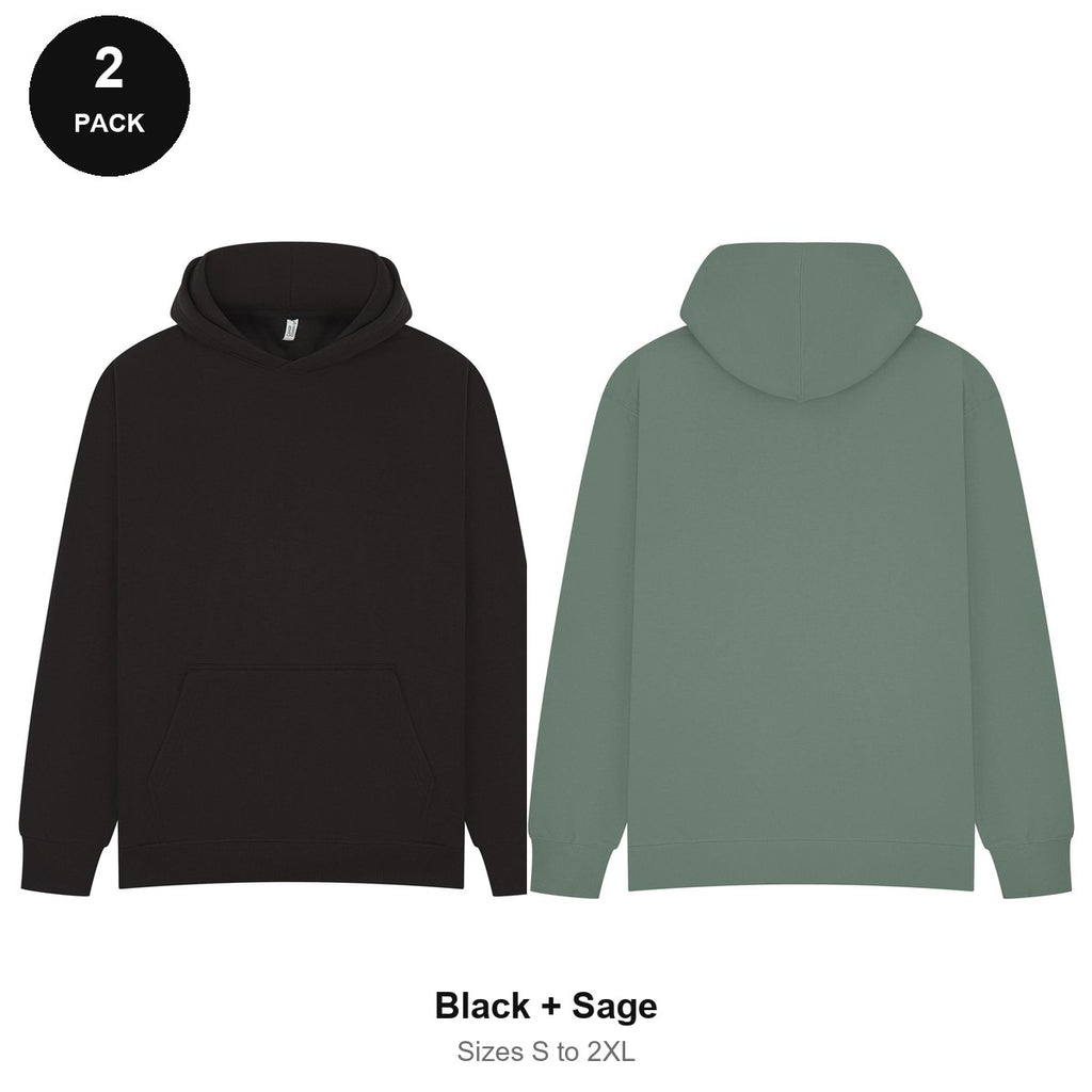 Oversized Hoodies 2 Pack - 80% cotton / 20% polyester brushed-back fleece 280gsm, Sizes S-2XL - Black + Sage