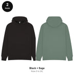 Oversized Hoodies 2 Pack - 80% cotton / 20% polyester brushed-back fleece 280gsm, Sizes S-2XL - Black + Sage