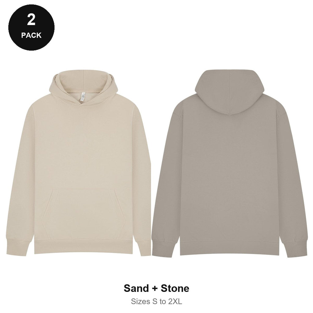 Oversized Hoodies 2 Pack - 80% cotton / 20% polyester brushed-back fleece 280gsm, Sizes S-2XL - Sand + Stone