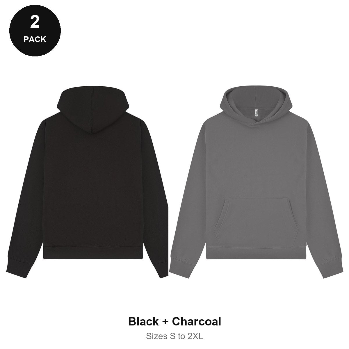 Premium 330gsm Oversized Hoodies 2 Pack - 80% cotton / 20% polyester brushed-back fleece 330gsm, Sizes S-2XL - Black + Charcoal