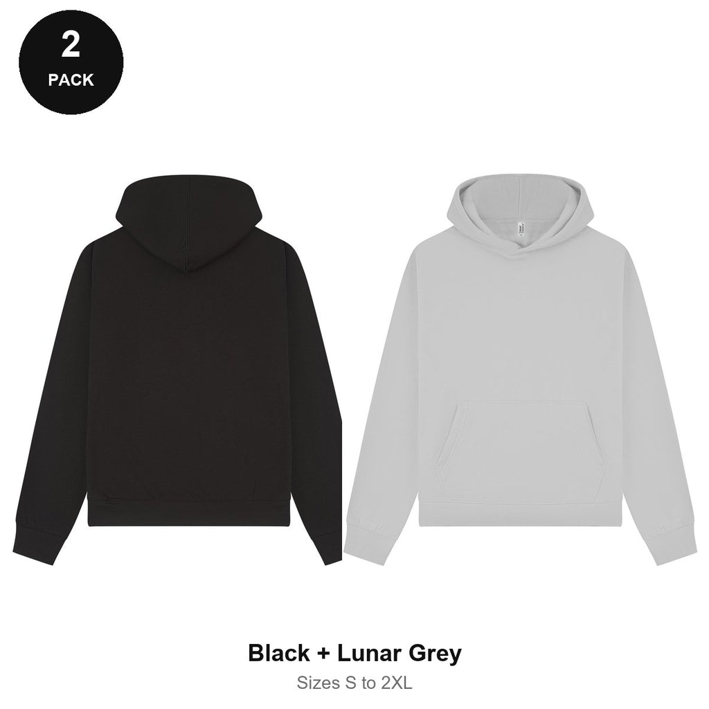 Premium 330gsm Oversized Hoodies 2 Pack - 80% cotton / 20% polyester brushed-back fleece 330gsm, Sizes S-2XL - Black + Lunar Grey