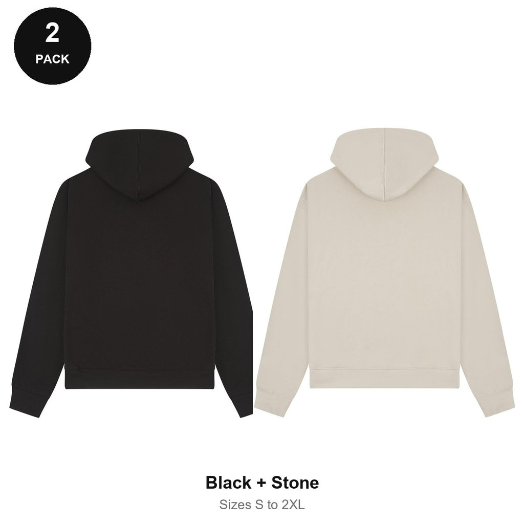 Premium 330gsm Oversized Hoodies 2 Pack - 80% cotton / 20% polyester brushed-back fleece 330gsm, Sizes S-2XL - Black + Stone