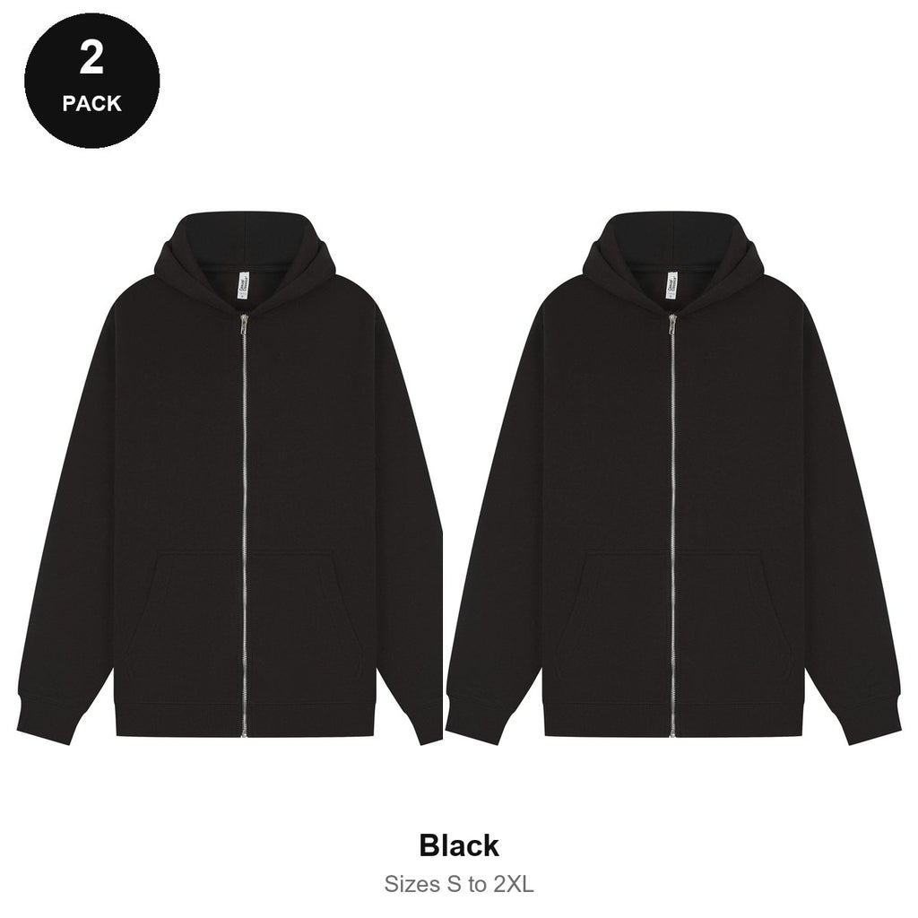 Zip Hoodies 2 Pack - 80% cotton / 20% polyester brushed-back fleece 280gsm, Sizes S-2XL - Black