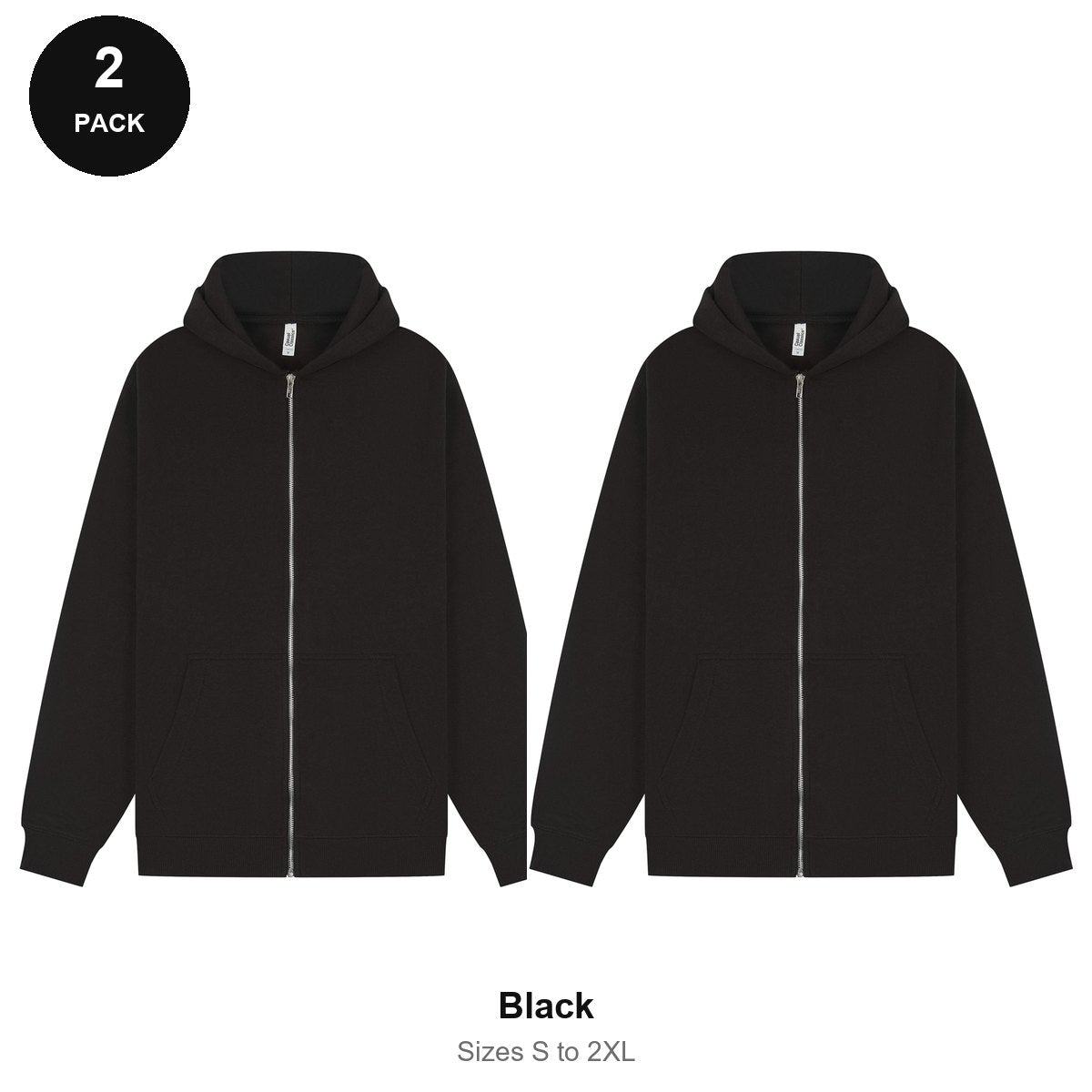 Zip Hoodies 2 Pack - 80% cotton / 20% polyester brushed-back fleece 280gsm, Sizes S-2XL - Black