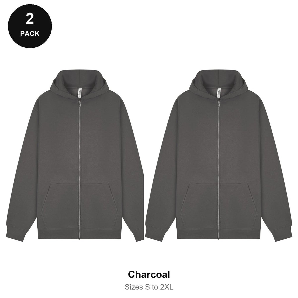 Zip Hoodies 2 Pack - 80% cotton / 20% polyester brushed-back fleece 280gsm, Sizes S-2XL - Charcoal