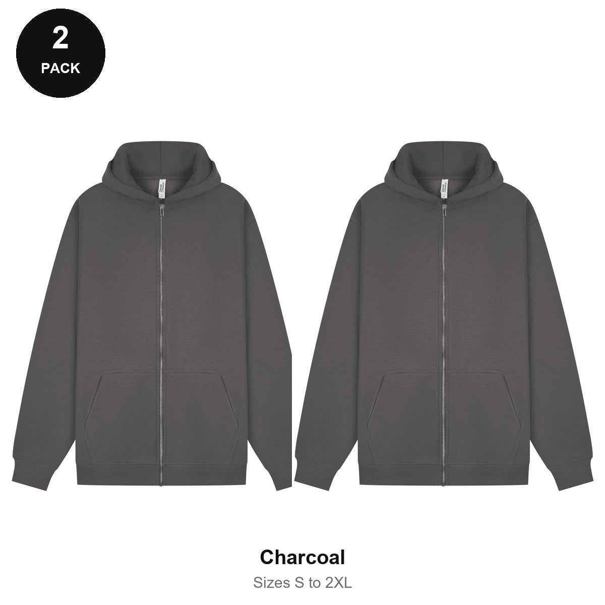 Zip Hoodies 2 Pack - 80% cotton / 20% polyester brushed-back fleece 280gsm, Sizes S-2XL - Charcoal