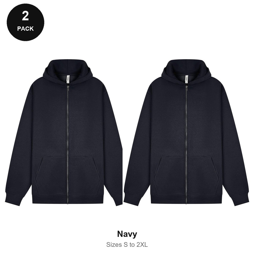 Zip Hoodies 2 Pack - 80% cotton / 20% polyester brushed-back fleece 280gsm, Sizes S-2XL - Navy